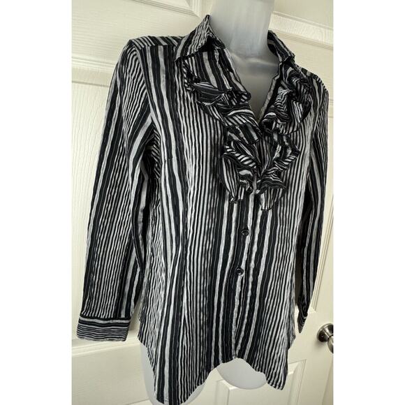 Spense Ruffled Collared Striped Shirt Black Gray cottagecore coquettish M 50-26 - Picture 5 of 15